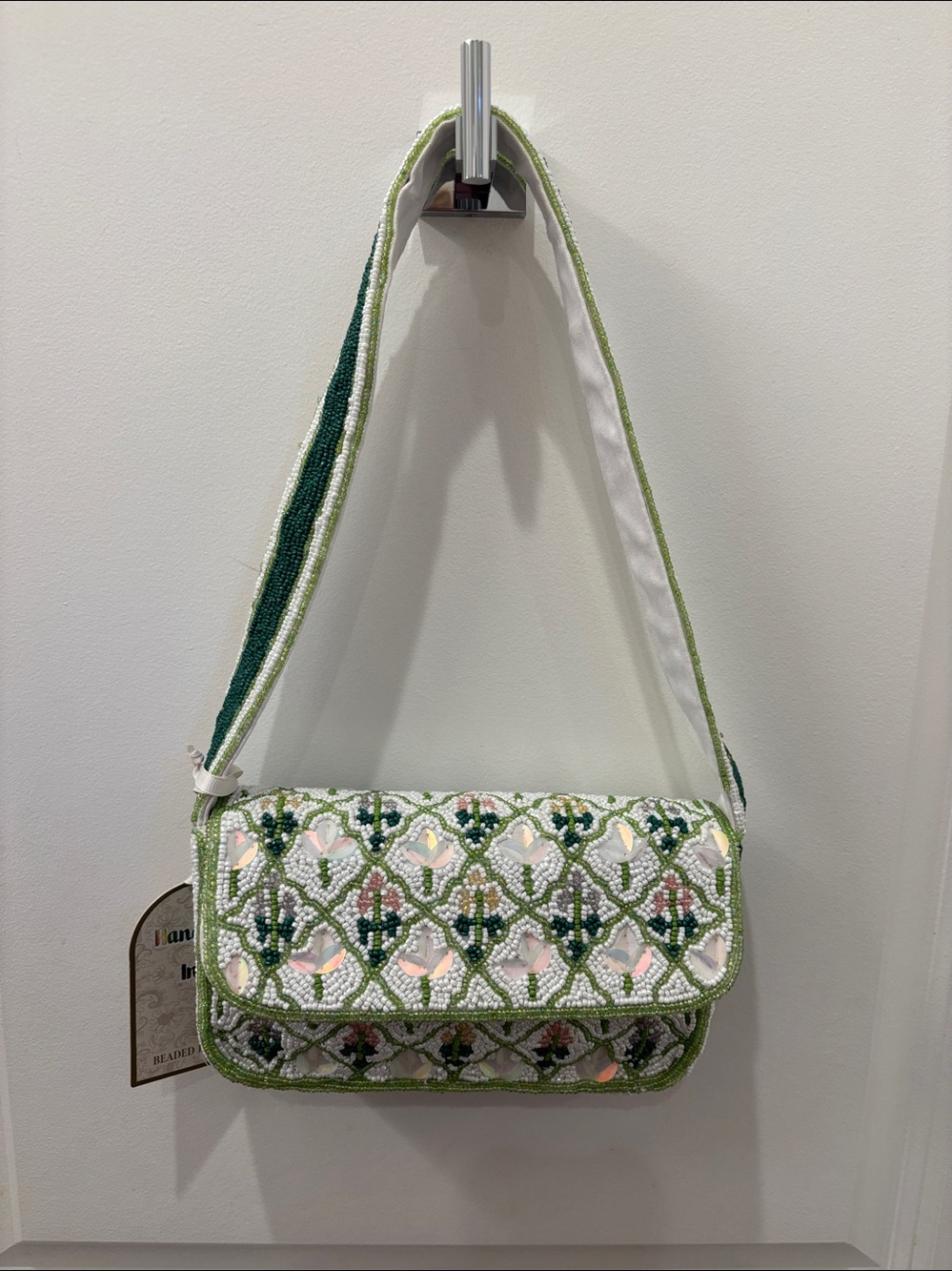 NWT Made in India Embellished green floral Beaded Shoulder Bag